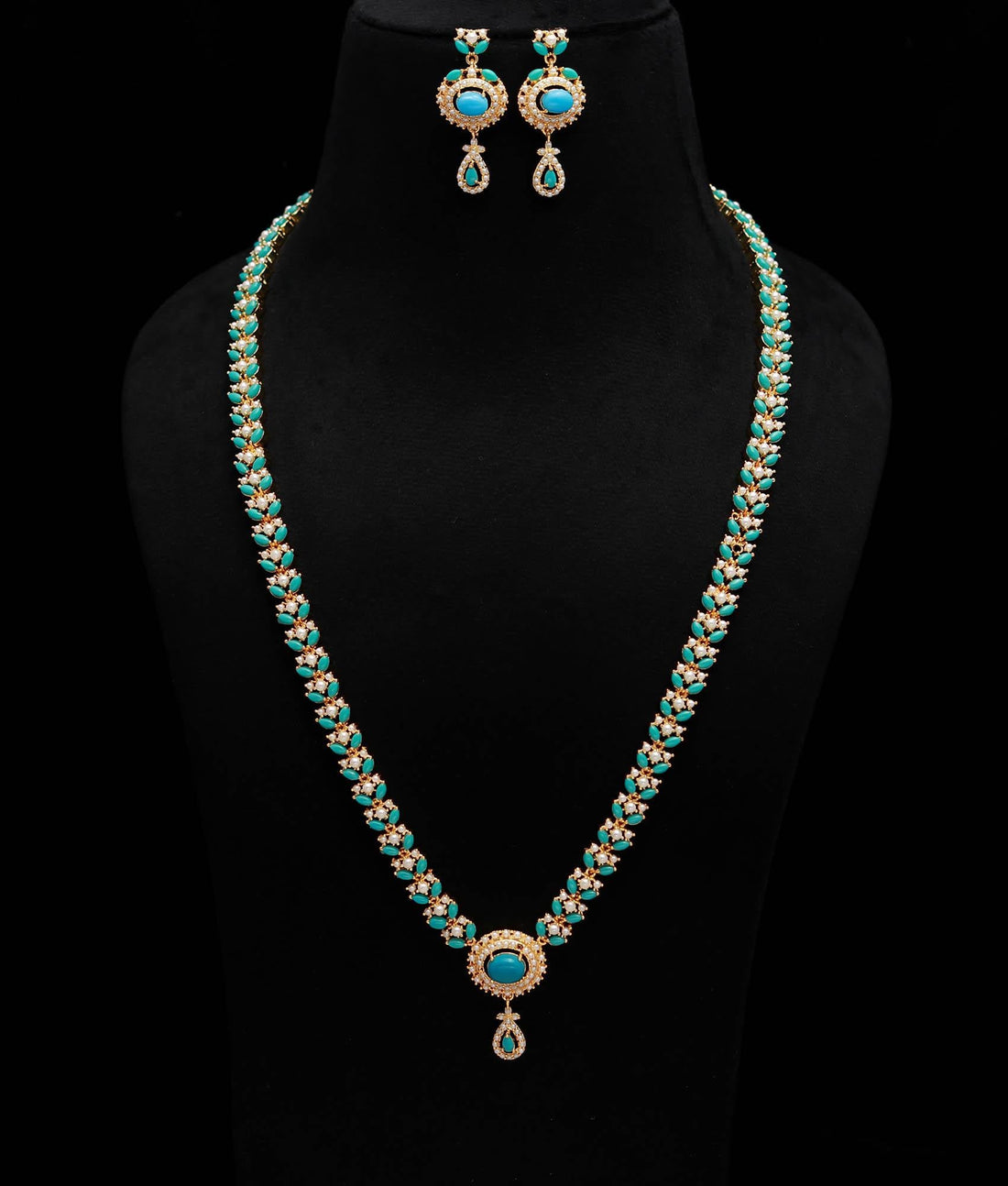 Turquoise and Pearl Long Necklace Set | Gold Plated Jewelry | Handmade Indian Bridal Necklace with Earrings | Ethnic Statement Jewelry — 2