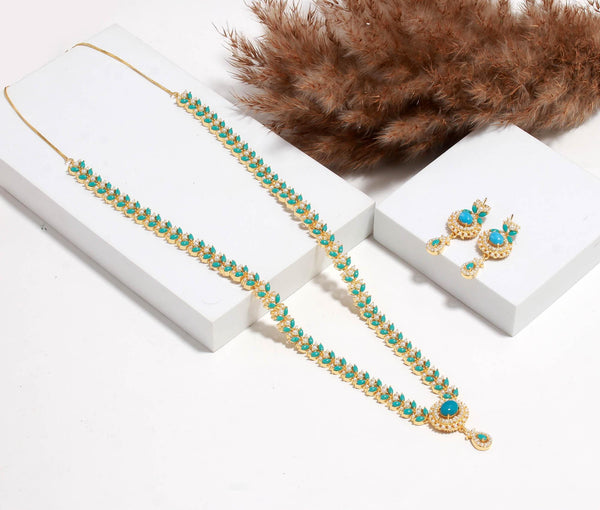 Turquoise and Pearl Long Necklace Set | Gold Plated Jewelry | Handmade Indian Bridal Necklace with Earrings | Ethnic Statement Jewelry