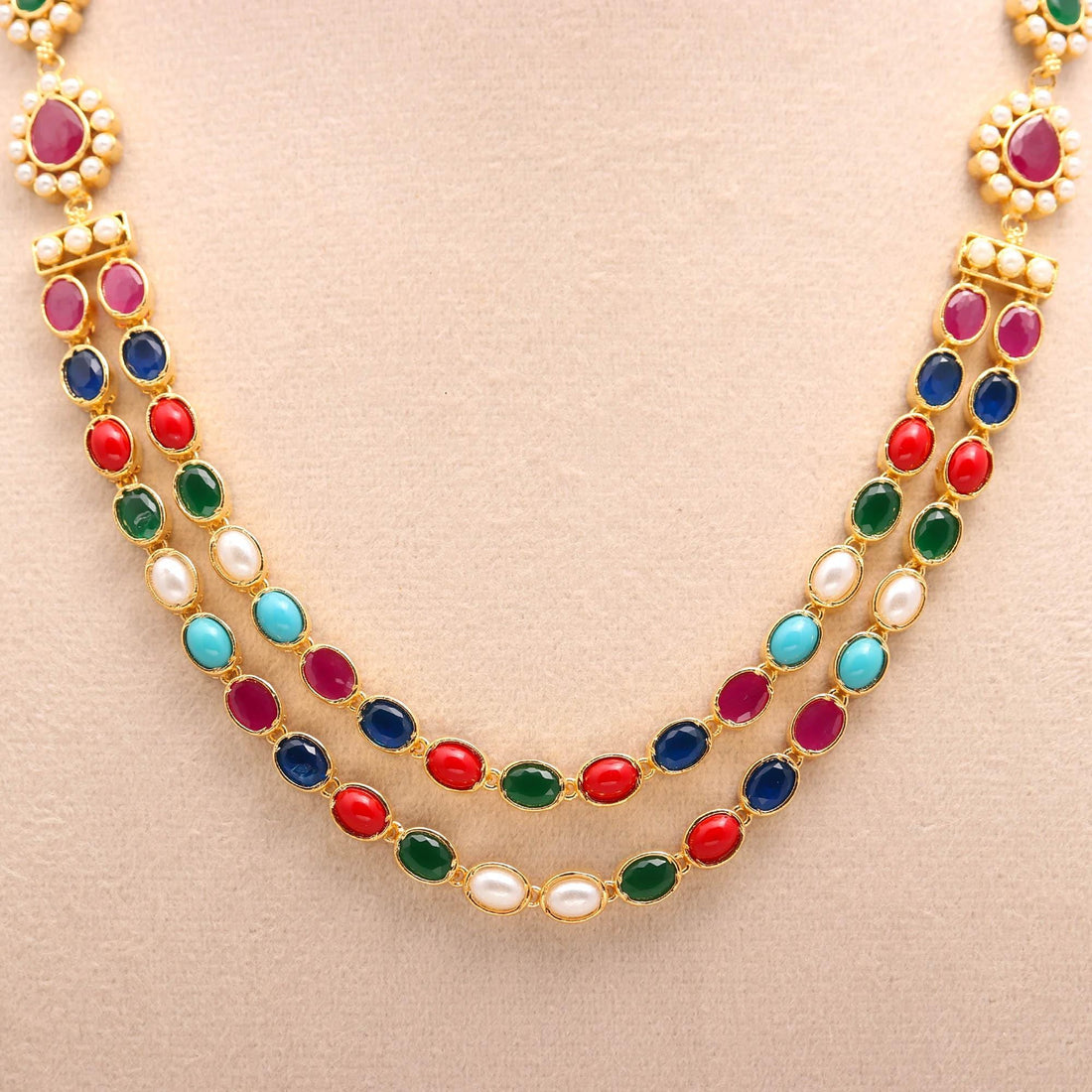 22k Gold Plated Navratan Multicolor Long Necklace Set | Kundan Pearl Necklace & Earring| Traditional Bridal Jewelry | Ethnic Jewelry Set — 4