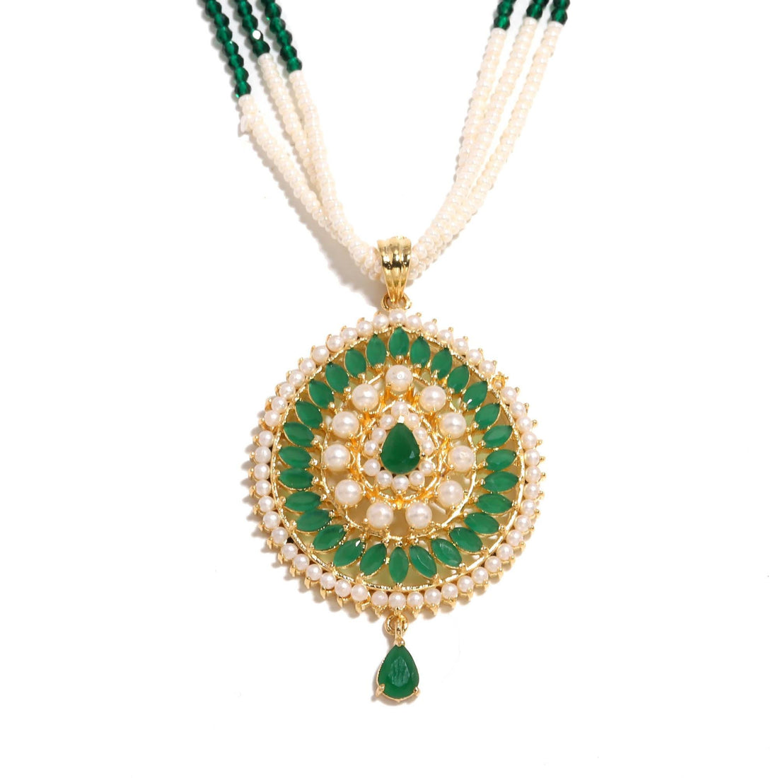 Pearl & Emerald Beaded Necklace Set | Bridal Jewelry | Wedding Necklace | Gift For Her|Green Kundan Pendant Necklace with Matching Earrings — 6