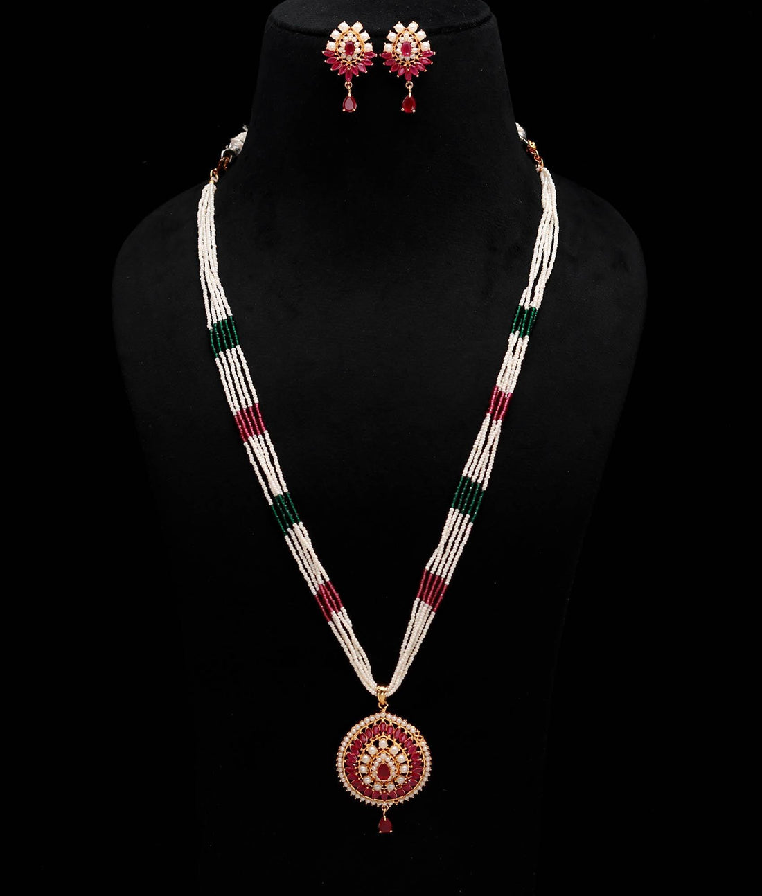 Ruby & Pearl Multigemstone Long Necklace Set | Kundan Pendant Necklace | Beaded Indian Traditional Bridal Jewelry | Gift — 2