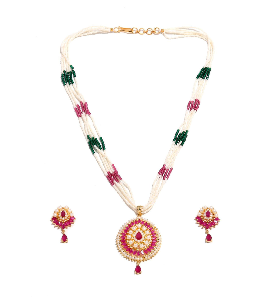 Ruby & Pearl Multigemstone Long Necklace Set | Kundan Pendant Necklace | Beaded Indian Traditional Bridal Jewelry | Gift — 3