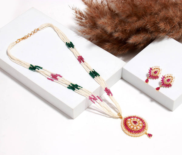 Ruby & Pearl Multigemstone Long Necklace Set | Kundan Pendant Necklace | Beaded Indian Traditional Bridal Jewelry | Gift
