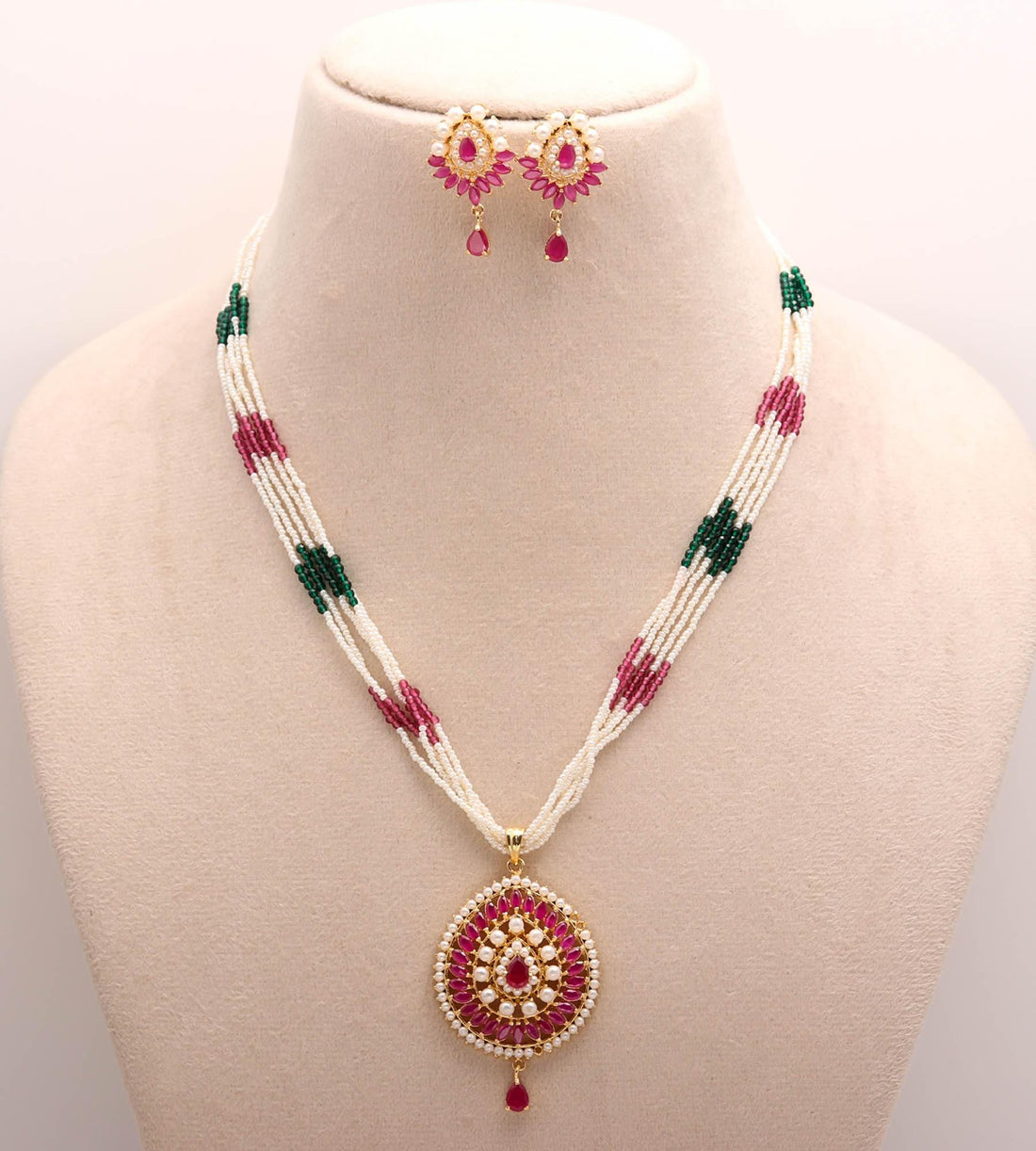Ruby & Pearl Multigemstone Long Necklace Set | Kundan Pendant Necklace | Beaded Indian Traditional Bridal Jewelry | Gift — 5