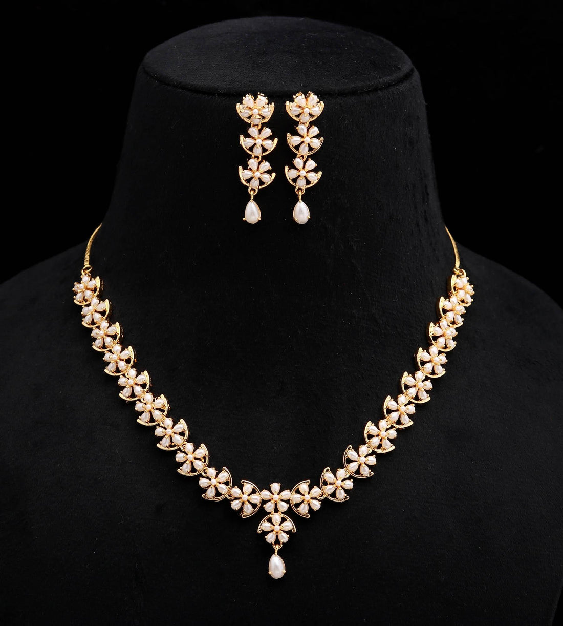 Gold Plated Pearl Gemstone Necklace Set | South Indian Bridal Jewelry | Traditional Elegant Women Necklace | Indian Bridal Set