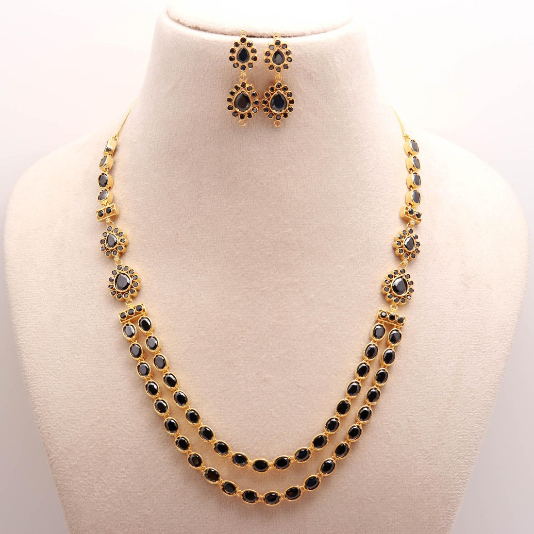 22K Gold Plated Black Onyx Necklace Set Jewelry |Teardrop Onyx Pendant Necklace with Matching Earrings | Wedding Jewelry Statement