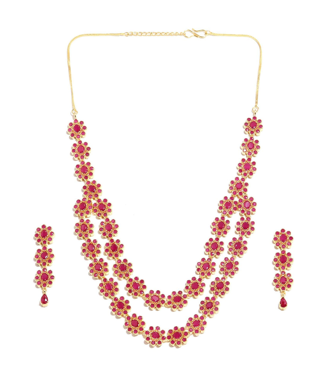 Ruby Floral Necklace Triple Layer Red Stone Necklace with Earrings | 22K Gold Plated Indian Bridal Jewelry | Temple Jewelry — 3