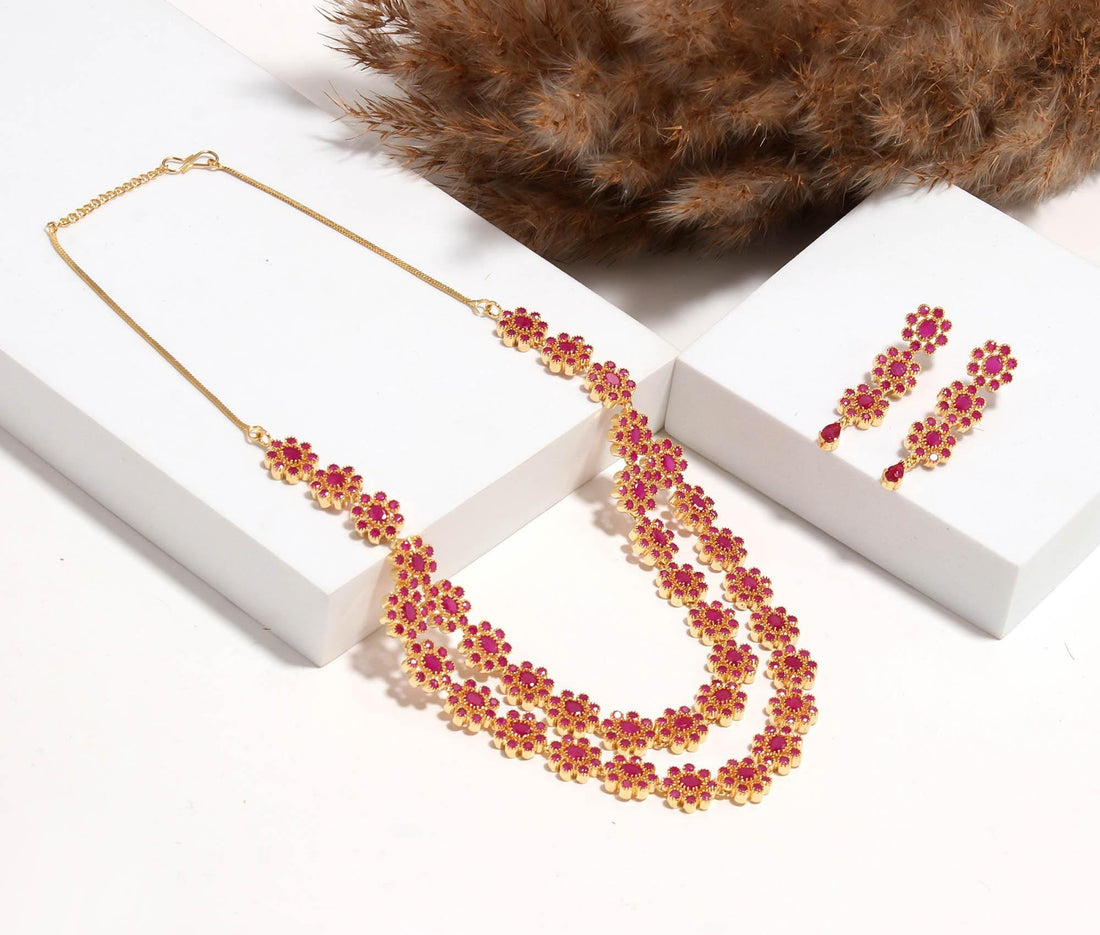 Ruby Floral Necklace Triple Layer Red Stone Necklace with Earrings | 22K Gold Plated Indian Bridal Jewelry | Temple Jewelry