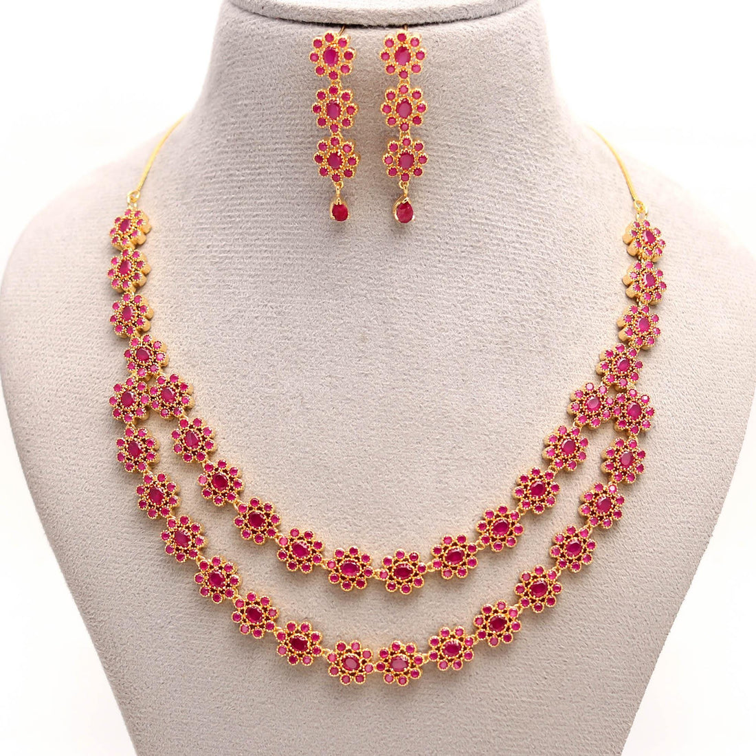 Ruby Floral Necklace Triple Layer Red Stone Necklace with Earrings | 22K Gold Plated Indian Bridal Jewelry | Temple Jewelry — 2
