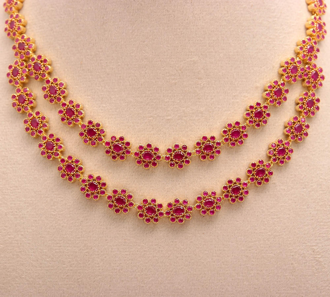 Ruby Floral Necklace Triple Layer Red Stone Necklace with Earrings | 22K Gold Plated Indian Bridal Jewelry | Temple Jewelry — 6