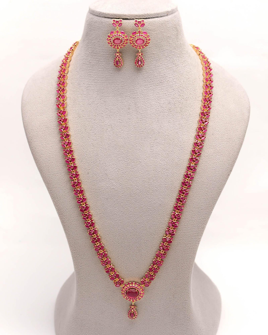 Ruby Long Necklace Set | South Indian Long Haaram | 22K Gold Plated Necklace with Earrings | Bridal Temple Jewelry | Gift For Her — 6