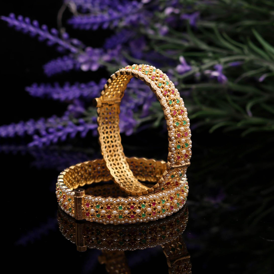 Gold Plated Ruby Pearl Bangles | Indian Traditional Openable bracelet, Wedding Bride Jewelry Bangles, Festival Gifts — 4