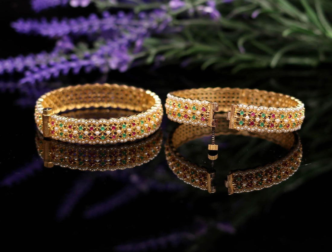 Gold Plated Ruby Pearl Bangles | Indian Traditional Openable bracelet, Wedding Bride Jewelry Bangles, Festival Gifts