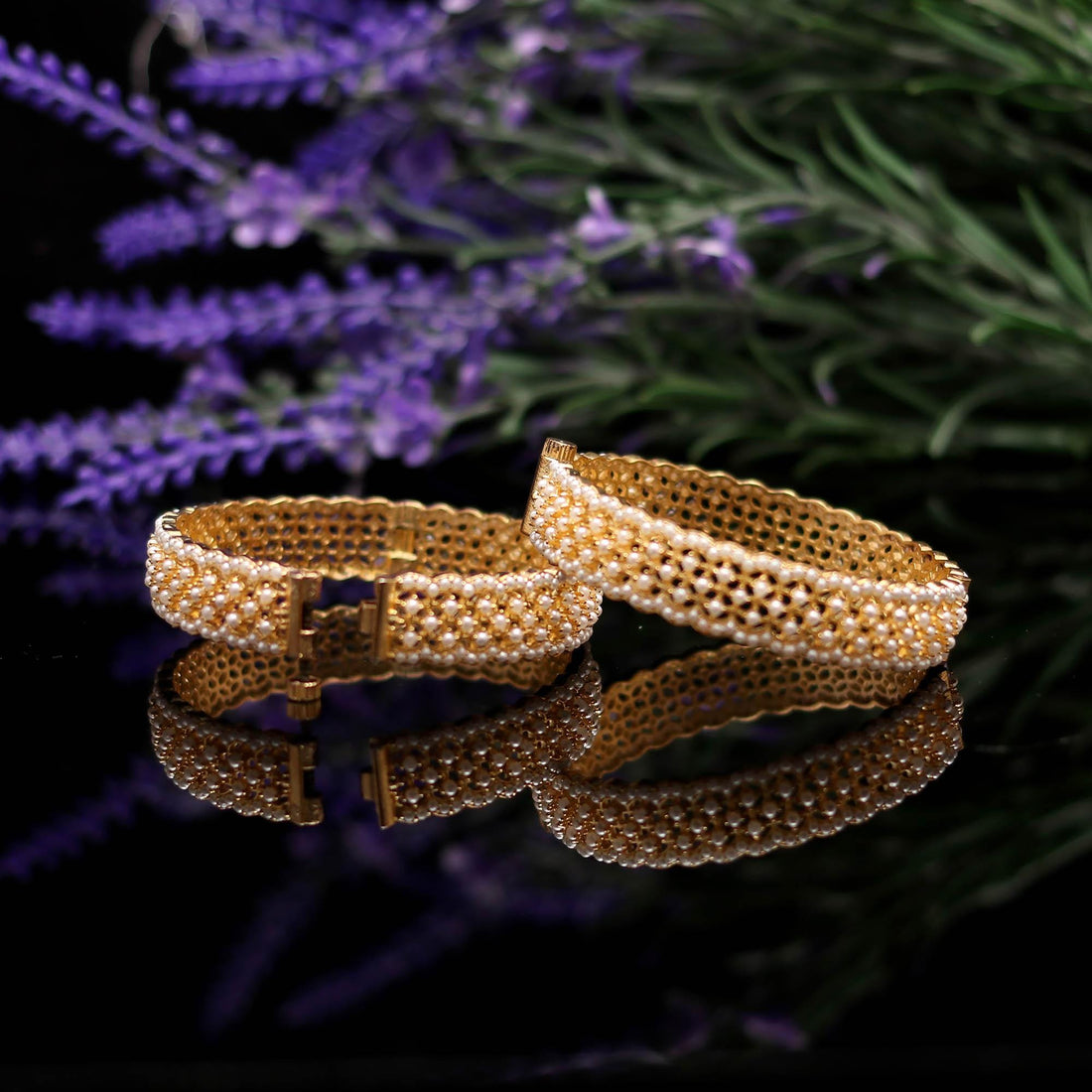 Gemstone Pearl Gold Plated Indian Bangle set, Ethnic Wedding Bangles Kada Jewelry, Gold Bangles — 2