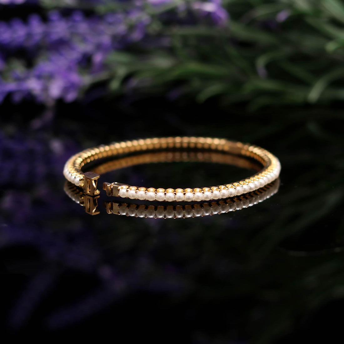 Gold Plated Freshwater Pearl Tennis Bracelet: Openable Bangle Bracelet handcrafted Jewelry