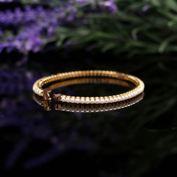 Gold Plated Freshwater Pearl Tennis Bracelet: Openable Bangle Bracelet handcrafted Jewelry
