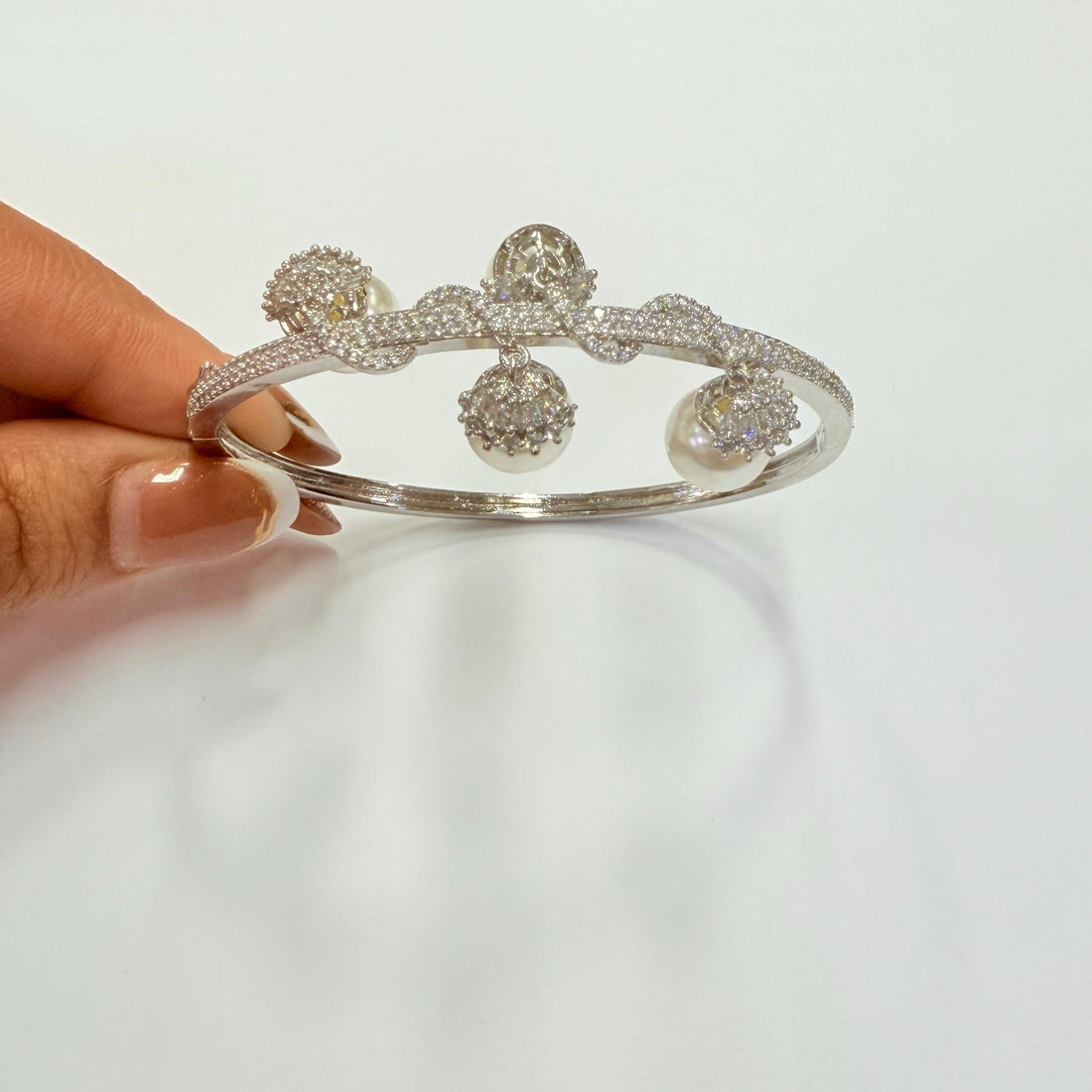 White Pearl Gemstone Bangle |  Handcrafted Silver | Bangle with Round White Stone Bracelet for Women | Gift for her — 5