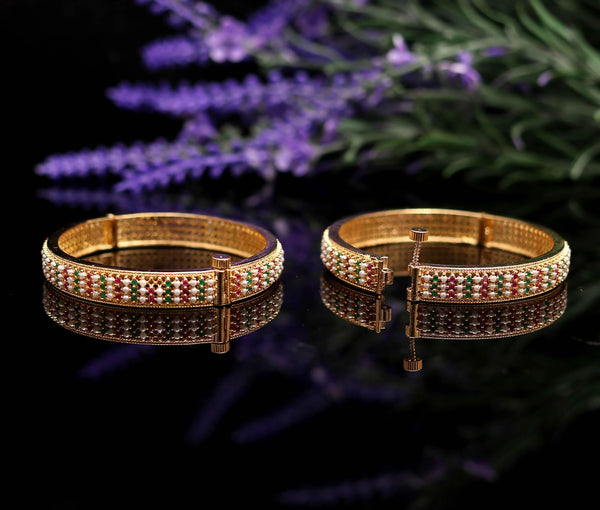 Handmade Ruby, Emerald Pearl Bangles Set | 22K Gold Plated Indian Jewelry | Elegant Multi Gemstone | Traditional Ethnic Bridal Bangle