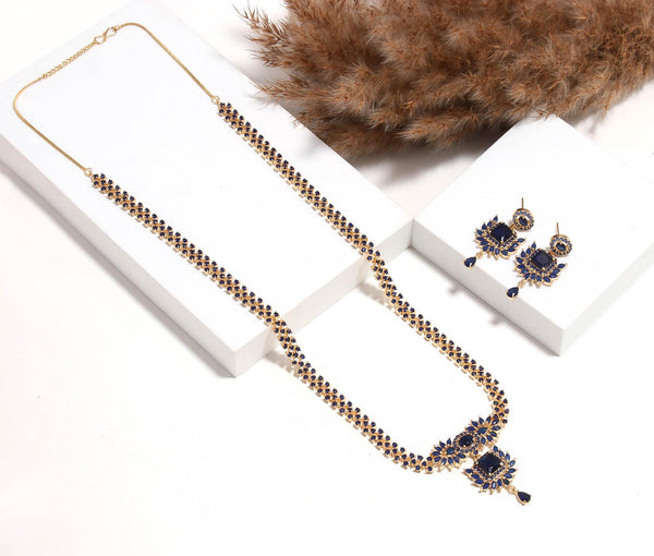 22k Gold Plated Long Blue Sapphire Necklace Set | South Indian Haram Bollywood Jewelry | Bride Blue South Indian necklace