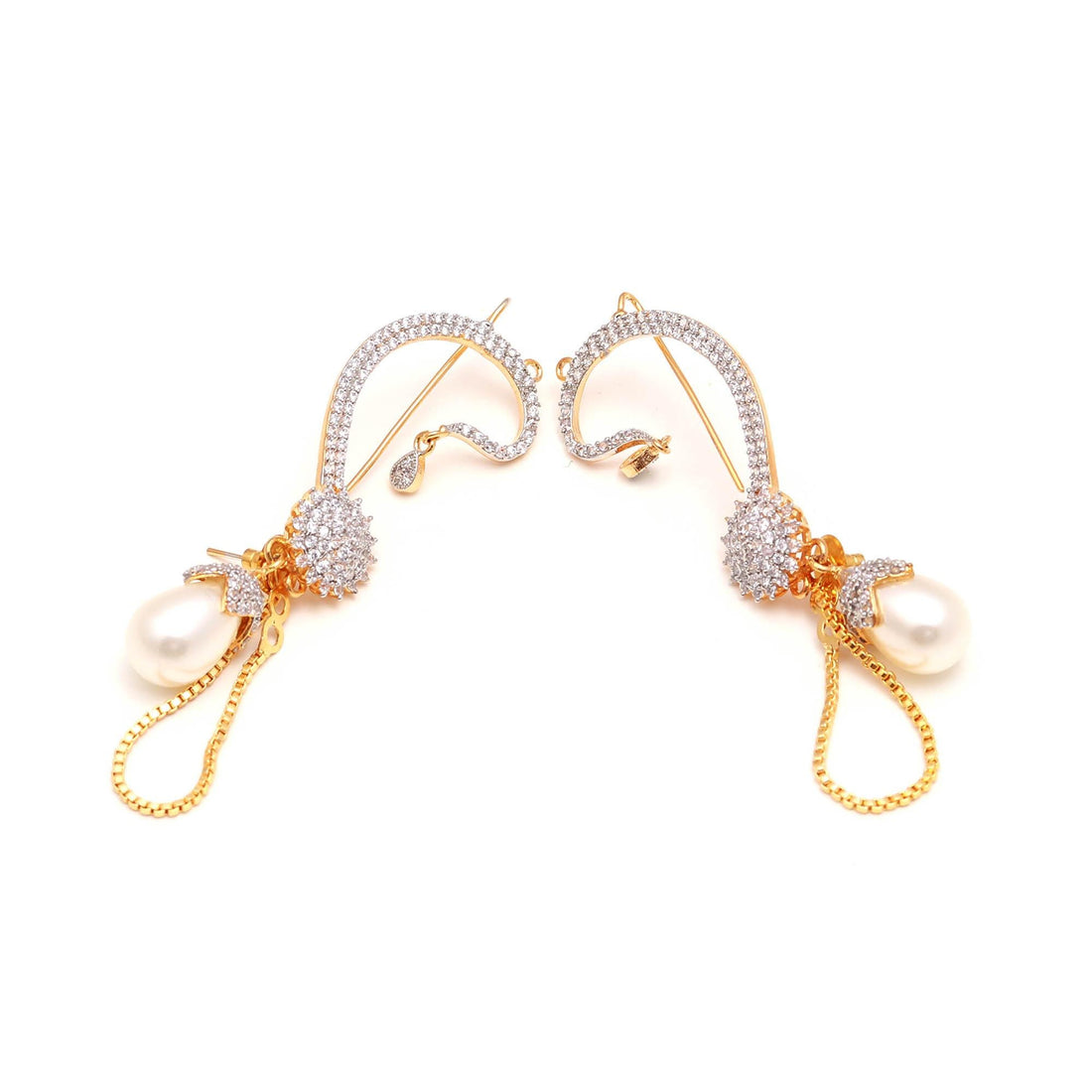 Crystal Curve Pearl Drop Earrings | Elegant Gold-Plated Statement Earrings | Gift For Her | Swirl Studs — 3
