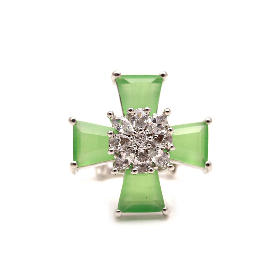 14k White Gold Plated Cross Ring: Simulated Emerald, Ruby, Peridot — 6