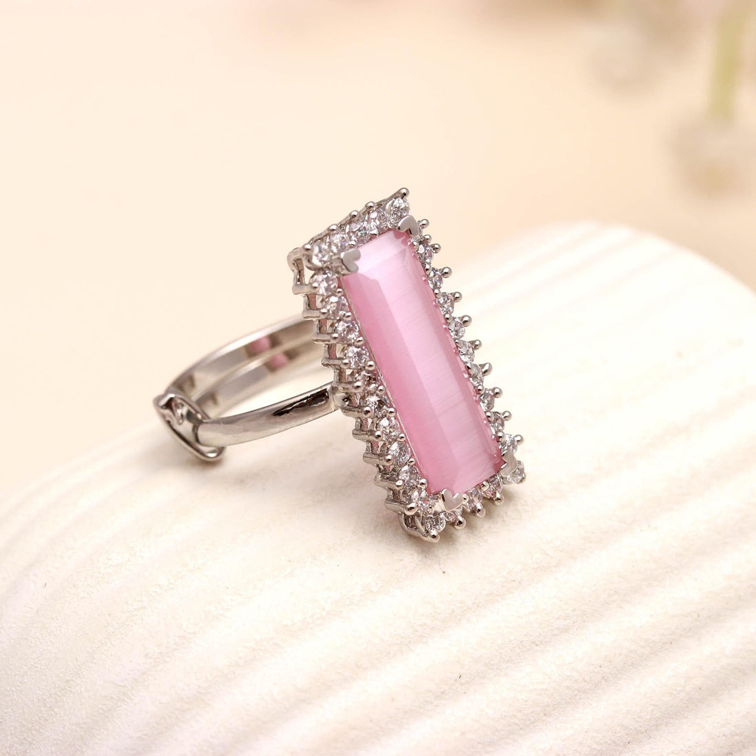 Long Rectangular Baguette Stone Ring | Silver Plated Halo Ring | Gemstone Ring | Modern Minimalist Statement Jewelry | Gift for Her