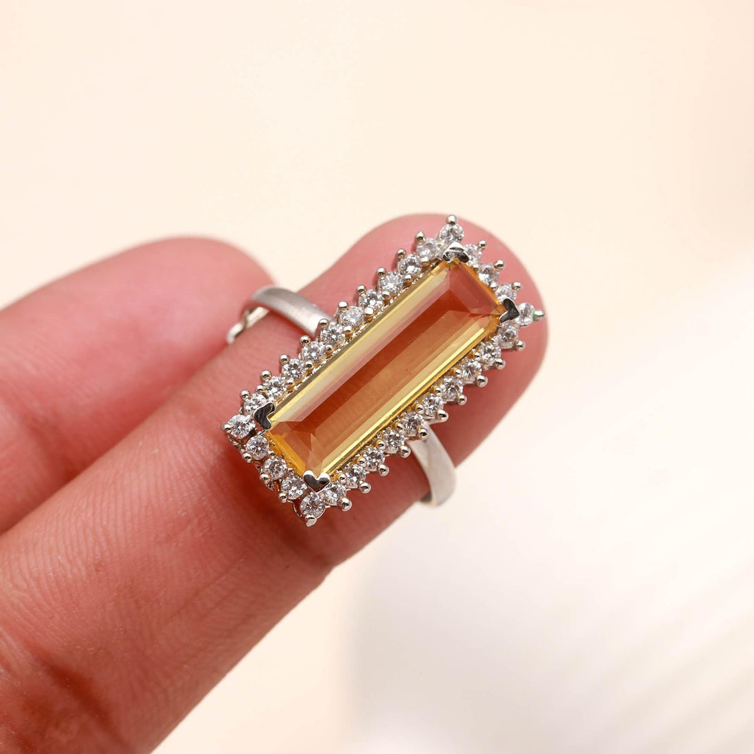 Dainty Baguette Stone Ring| Sterling Silver Statement Ring | Emerald Cut Long Gemstone Ring | Dainty Halo Ring | Modern Minimalist Jewelry — 2