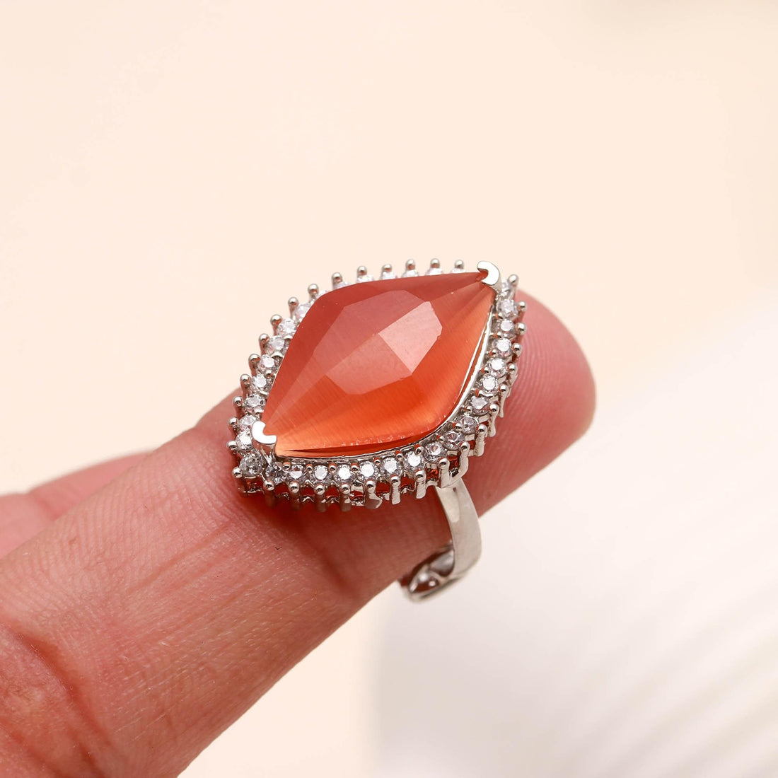Marquise Orange Gemstone Ring | Silver Plated Statement Ring | CZ Halo Cocktail Ring | Unique Fashion Jewelry Gift for Her — 2