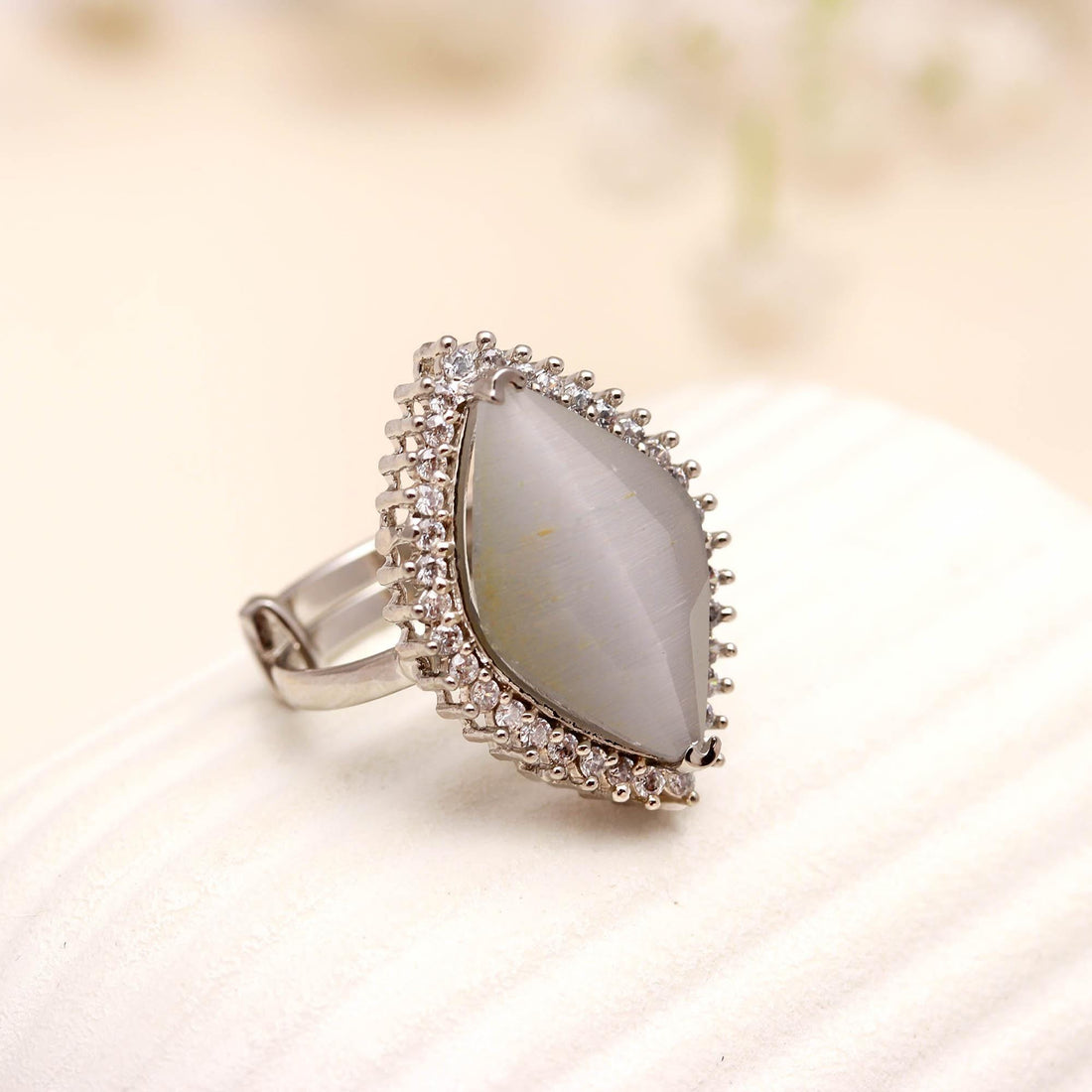 Silver Plated Fashion Ring | Marquise Gemstone Ring | Silver Plated CZ Halo Ring | Statement Cocktail Jewelry Gift for Her |Boho Jewelry