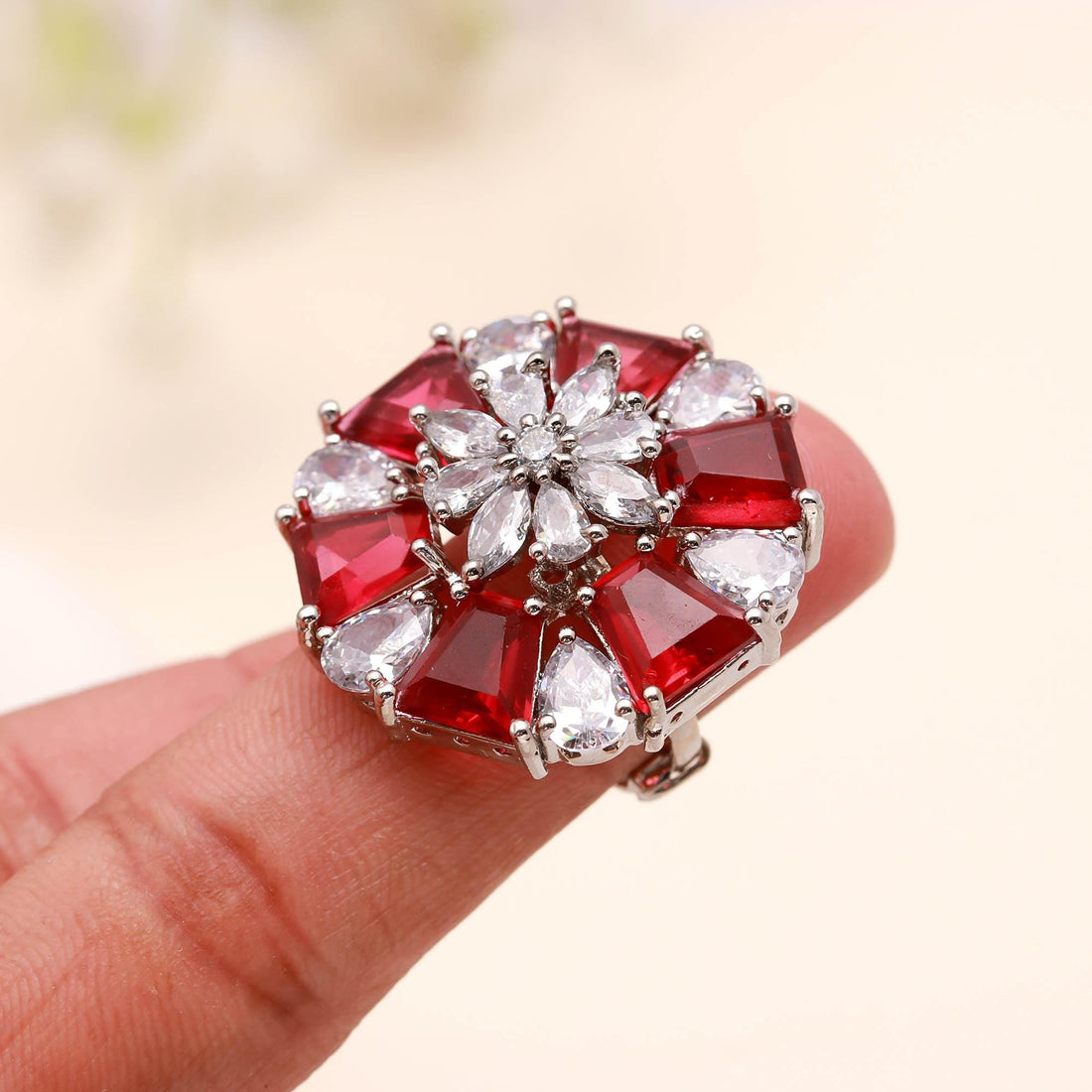 Red and White Crystal Statement Ring | Floral Cocktail Ring | Adjustable Silver Tone Ring | Party Jewelry | Red Flower Ring | Gift For Her — 3