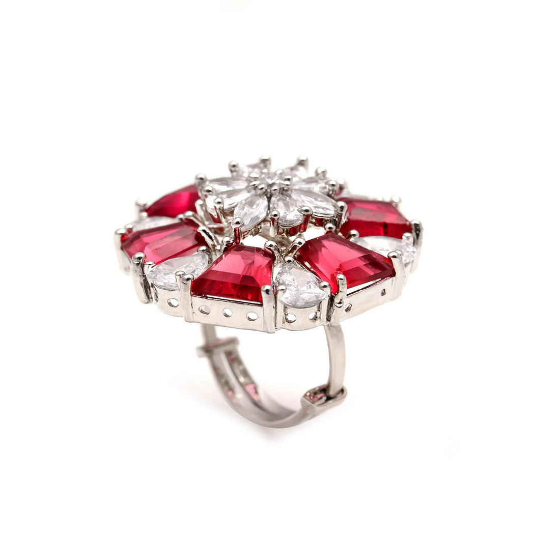 Red and White Crystal Statement Ring | Floral Cocktail Ring | Adjustable Silver Tone Ring | Party Jewelry | Red Flower Ring | Gift For Her — 2