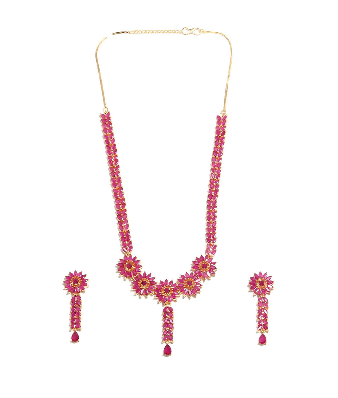Long Premium Ruby Red Floral Necklace Set | Gold Plated Jewelry | Chic Bride Dress Necklace set| Y Statement Necklace — 2