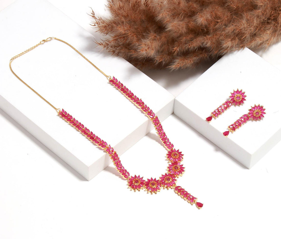 Long Premium Ruby Red Floral Necklace Set | Gold Plated Jewelry | Chic Bride Dress Necklace set| Y Statement Necklace