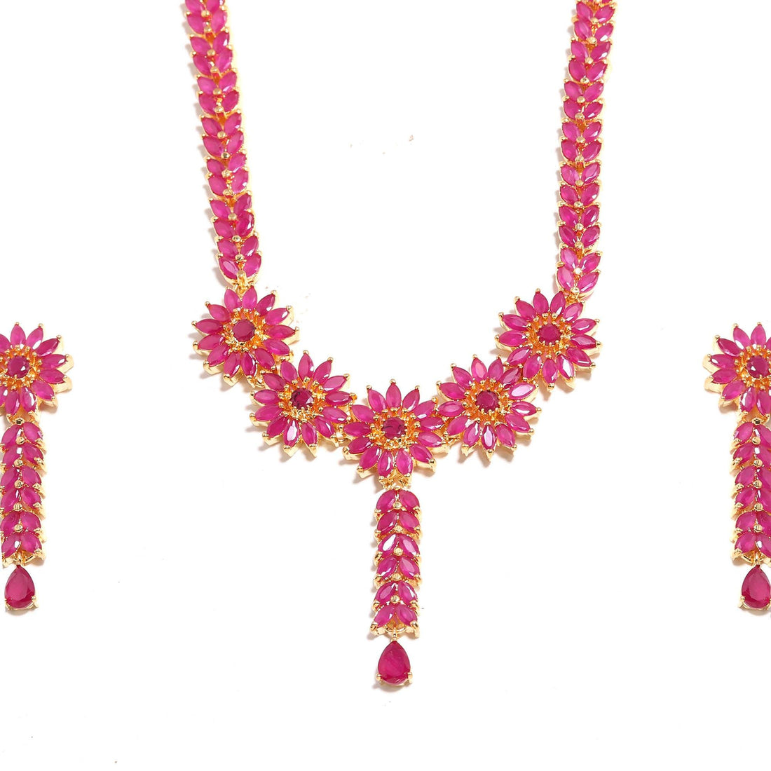 Long Premium Ruby Red Floral Necklace Set | Gold Plated Jewelry | Chic Bride Dress Necklace set| Y Statement Necklace — 3