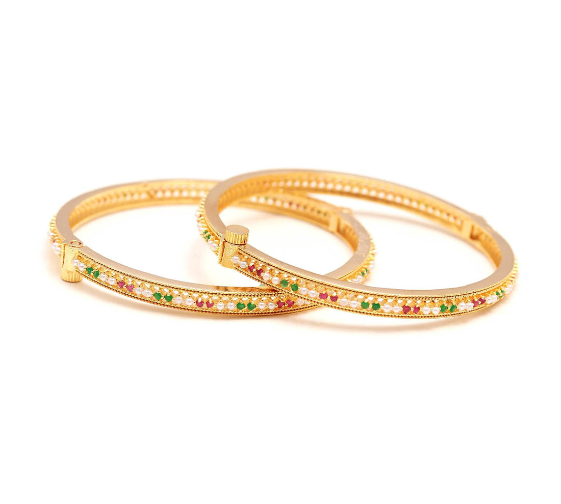 Handmade Ruby, Emerald Pearl Bangles Set |  Gold Plated Indian Jewelry | Elegant Multi Gemstone | Traditional Ethnic Bridal Bangle — 2