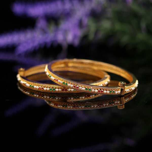 Handmade Ruby, Emerald Pearl Bangles Set |  Gold Plated Indian Jewelry | Elegant Multi Gemstone | Traditional Ethnic Bridal Bangle