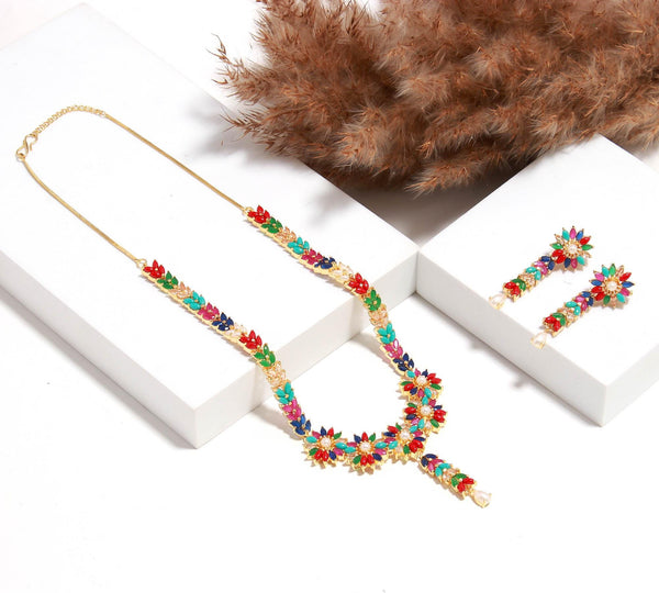 Gold Plated Multicolor Indian Necklace Set | Ruby Emerald Pearl Floral Jewelry | Traditional Bridal Jewelry Set |Festive Ethnic Necklace Set