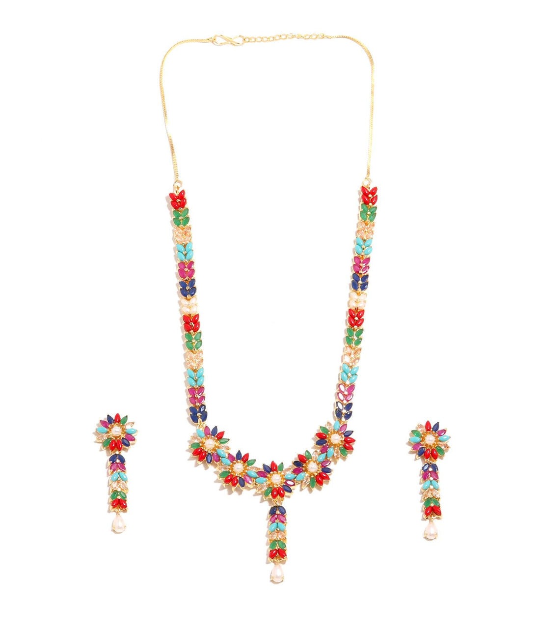 Gold Plated Multicolor Indian Necklace Set | Ruby Emerald Pearl Floral Jewelry | Traditional Bridal Jewelry Set |Festive Ethnic Necklace Set — 5