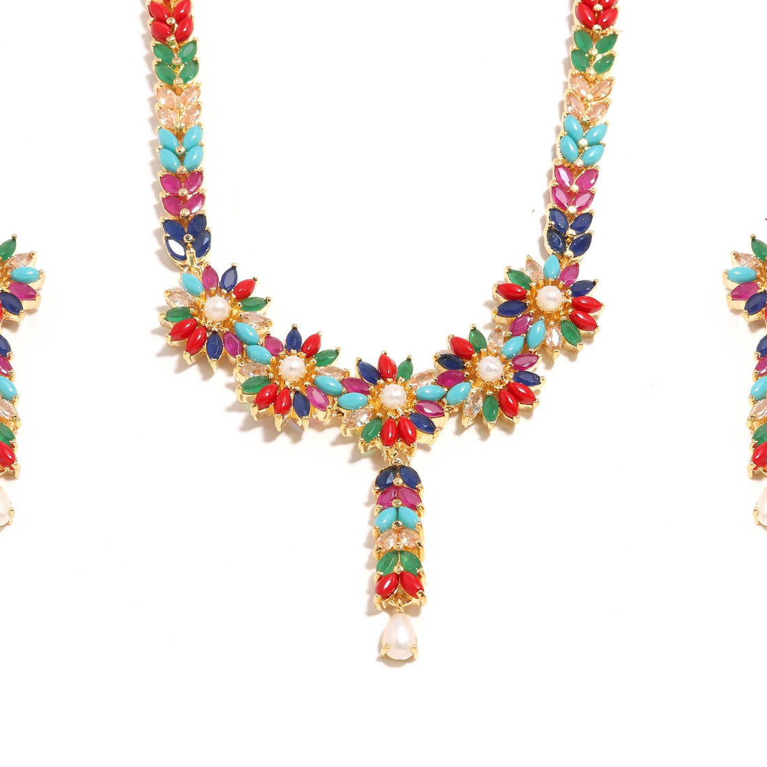 Gold Plated Multicolor Indian Necklace Set | Ruby Emerald Pearl Floral Jewelry | Traditional Bridal Jewelry Set |Festive Ethnic Necklace Set — 4