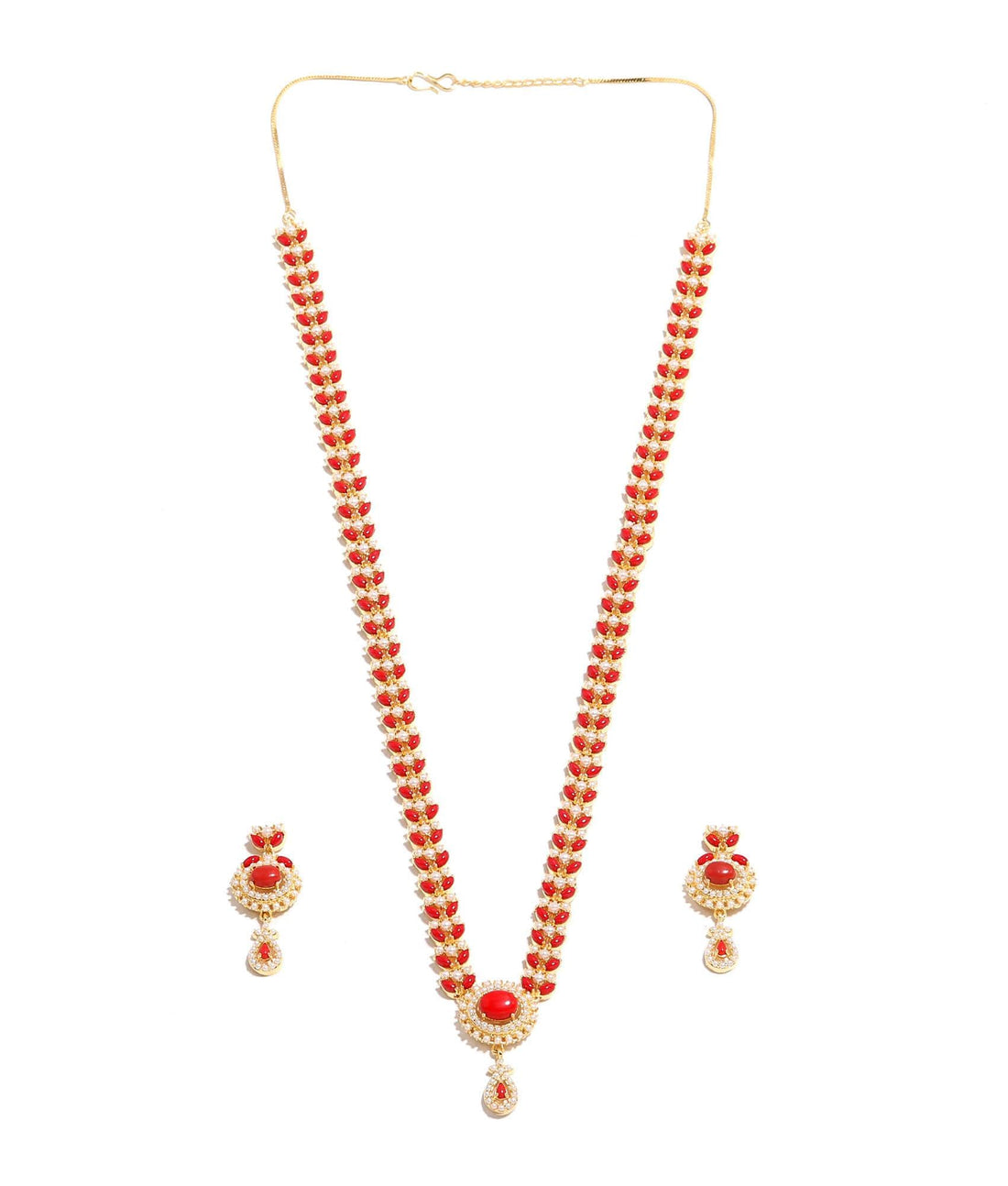 22K Gold Plated Coral Long Necklace Set | Traditional Indian Jewelry | Red Beaded Bridal Haar |Wedding Necklace with Earrings |Gift For Her — 3
