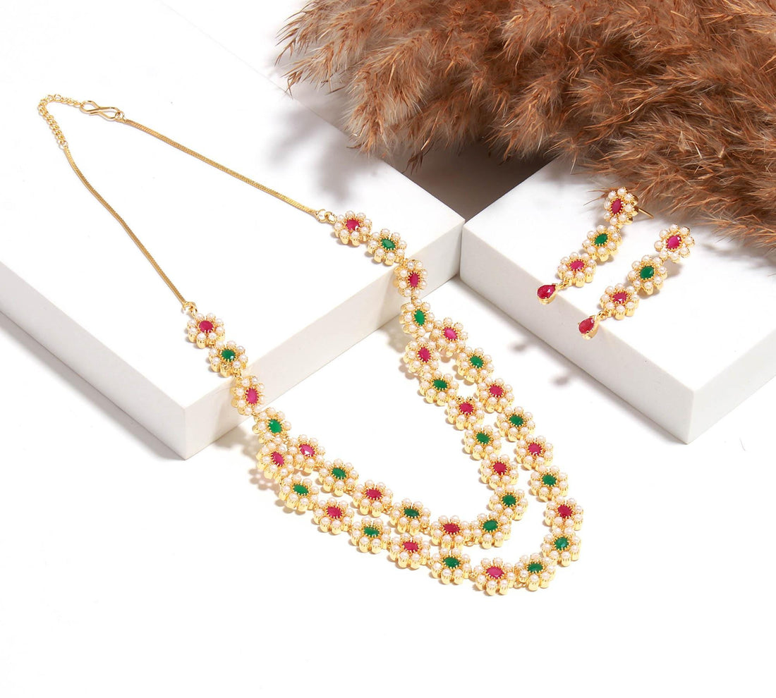 22K Gold-Plated Multi gem Indian Layered Necklace Set with Ruby, Emerald & Pearl | Traditional South Indian Layered Necklace Set