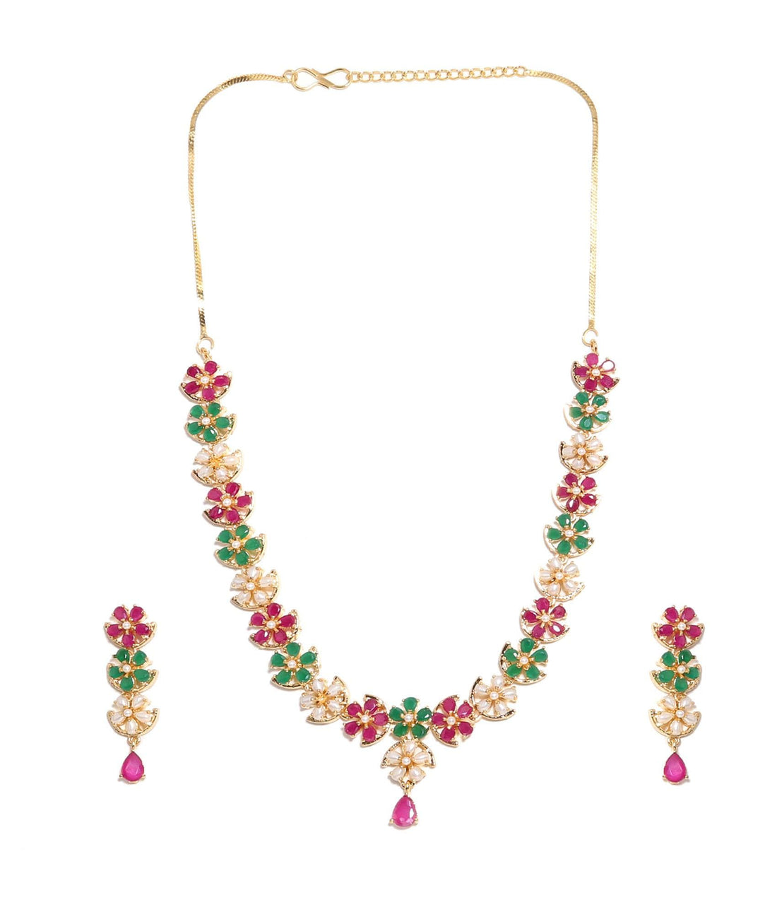 22K Gold Plated Multi Necklace Set | Emerald Ruby Pearl Floral Bridal Wedding Jewelry | Statement Necklace & Earrings | Gift for Women — 3