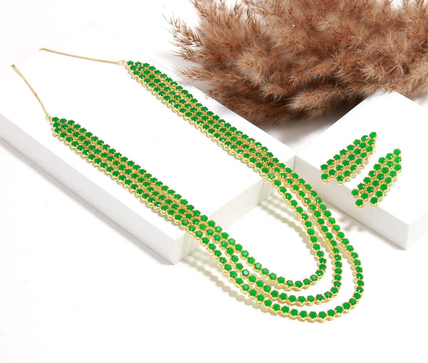 3 Layer Emerald Long Necklace | Layered Crystal Necklace | 22K Gold Layering Jewelry |  Emerald Beaded Necklace Set, Minimalist Gift for Her