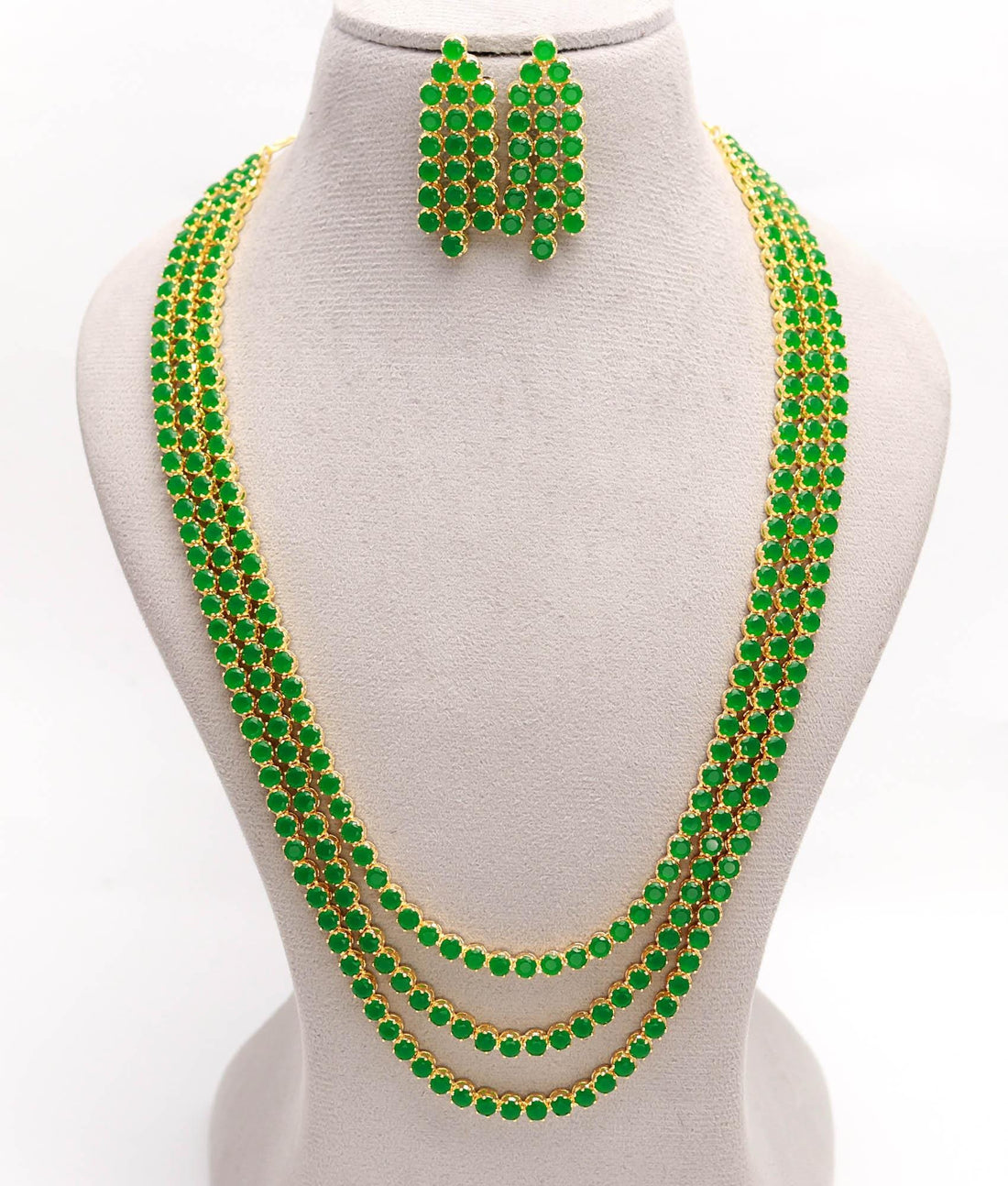 3 Layer Emerald Long Necklace | Layered Crystal Necklace | 22K Gold Layering Jewelry |  Emerald Beaded Necklace Set, Minimalist Gift for Her — 2
