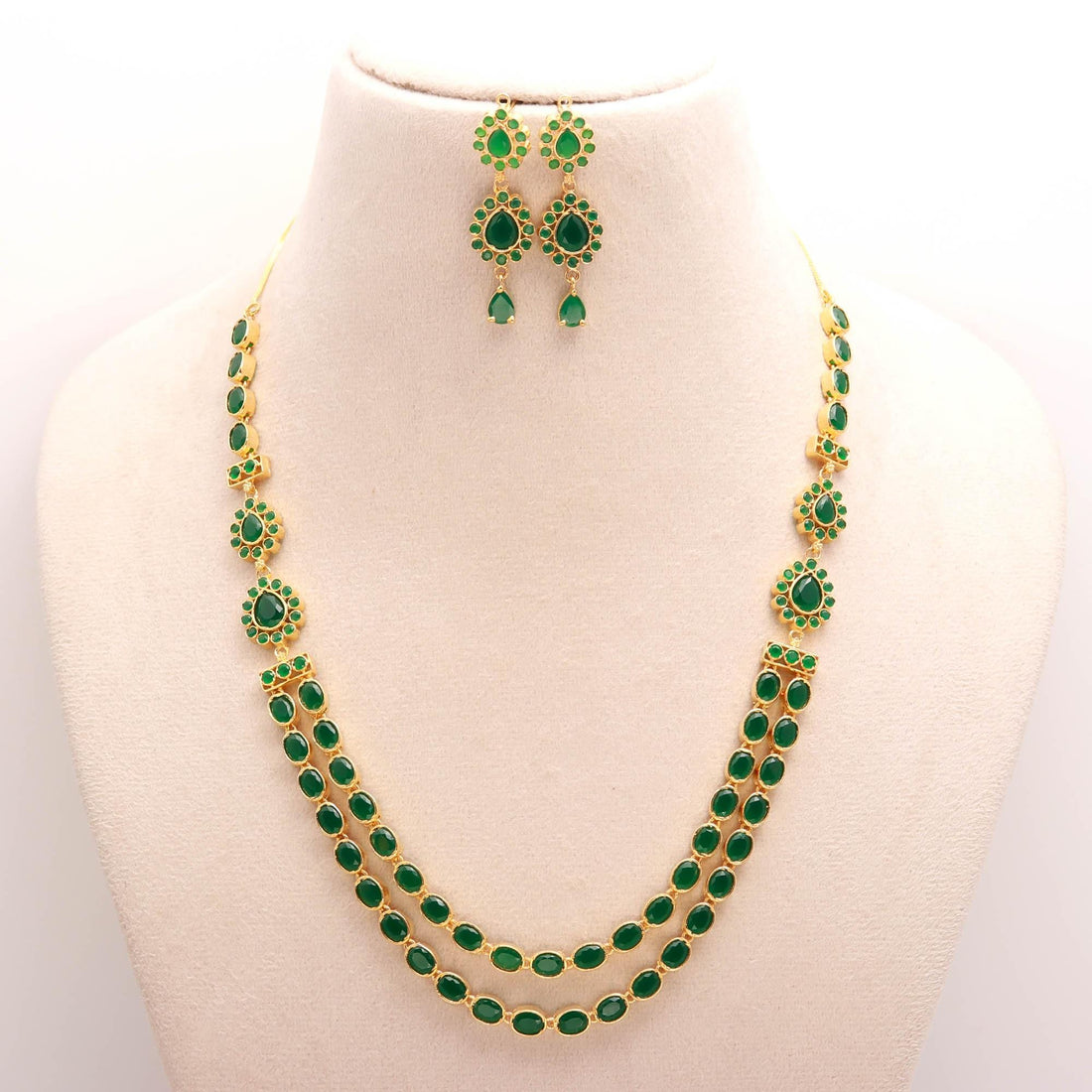 22K Gold Layer Emerald Long Necklace | Layered Necklace |Dainty Gold Layering Jewelry | Emerald Beaded Necklace Set| Minimalist Gift for Her