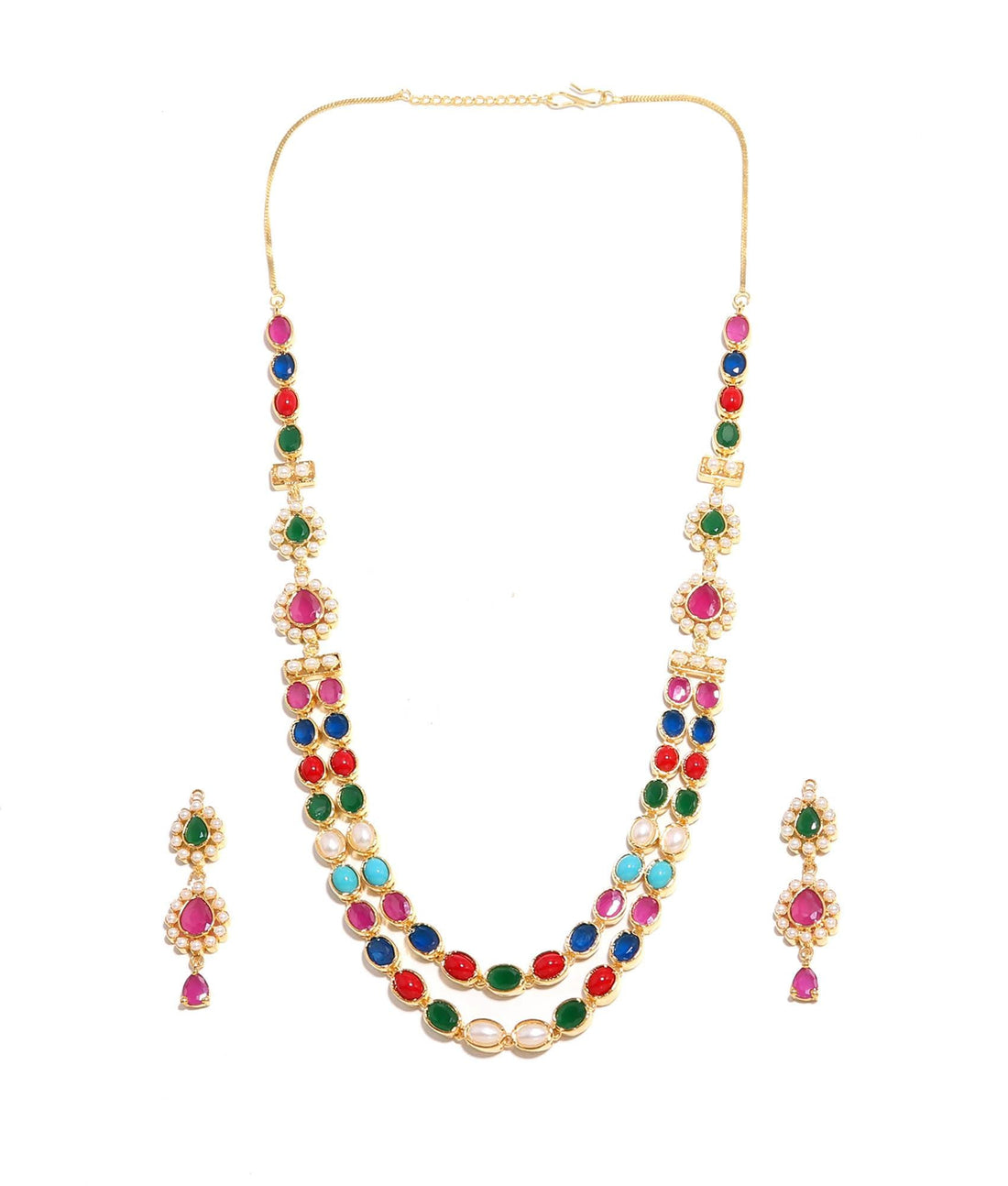 22k Gold Plated Navratan Multicolor Long Necklace Set | Kundan Pearl Necklace & Earring| Traditional Bridal Jewelry | Ethnic Jewelry Set — 3