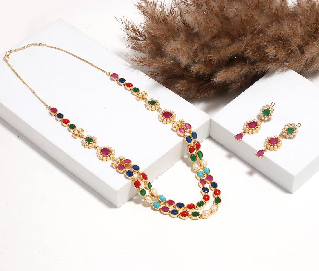 22k Gold Plated Navratan Multicolor Long Necklace Set | Kundan Pearl Necklace & Earring| Traditional Bridal Jewelry | Ethnic Jewelry Set