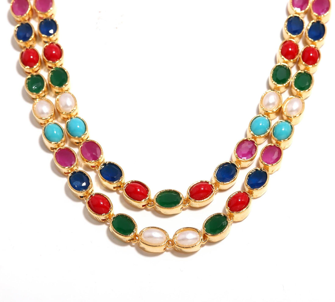 22k Gold Plated Navratan Multicolor Long Necklace Set | Kundan Pearl Necklace & Earring| Traditional Bridal Jewelry | Ethnic Jewelry Set — 2