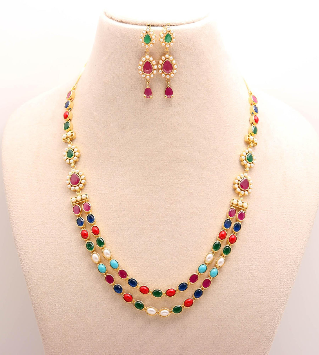 22k Gold Plated Navratan Multicolor Long Necklace Set | Kundan Pearl Necklace & Earring| Traditional Bridal Jewelry | Ethnic Jewelry Set — 5