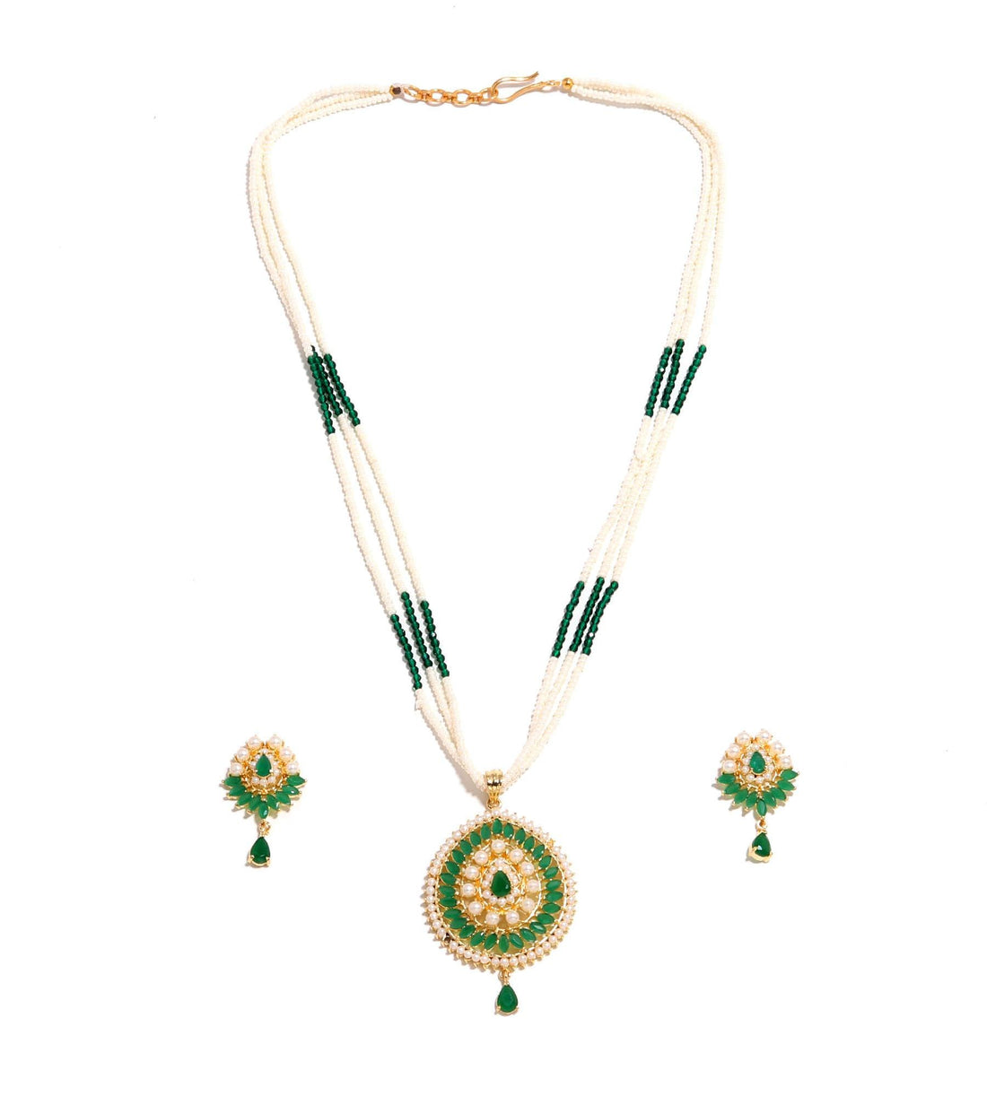 Pearl & Emerald Beaded Necklace Set | Bridal Jewelry | Wedding Necklace | Gift For Her|Green Kundan Pendant Necklace with Matching Earrings — 5
